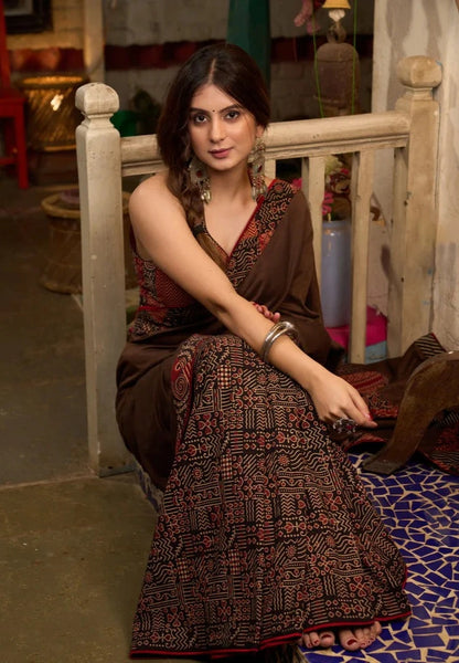 BROWN COTTON AJRAKH COMBINATION SAREE WITH AJRAKH PATCHWORK