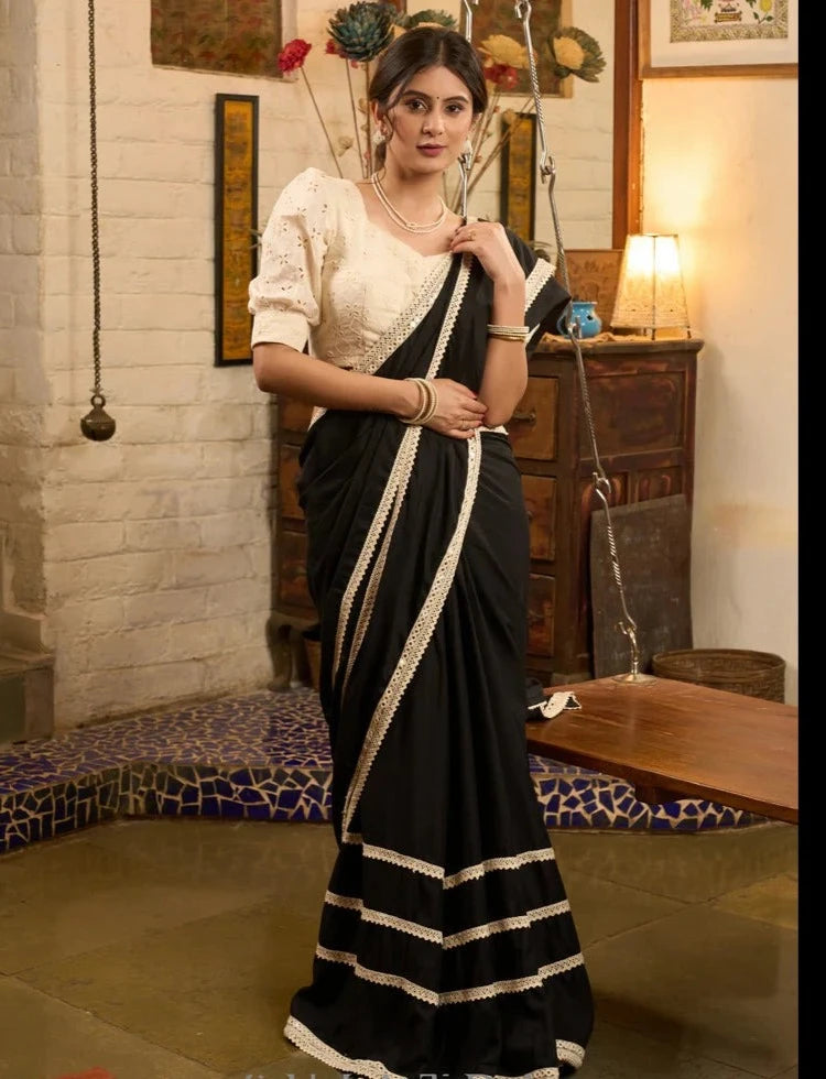 BLACK MODAL COTTON SAREE WITH CROCHET LACES