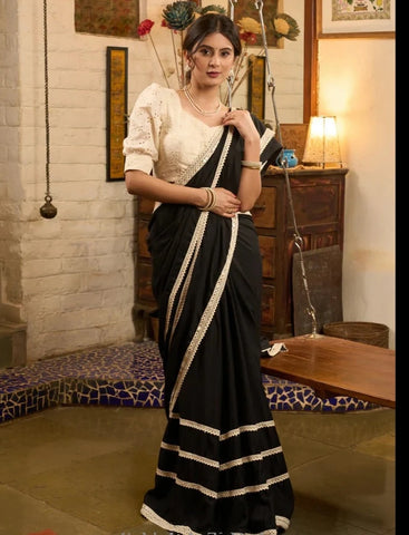BLACK MODAL COTTON SAREE WITH CROCHET LACES