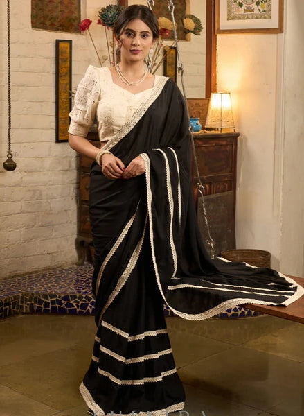 BLACK MODAL COTTON SAREE WITH CROCHET LACES