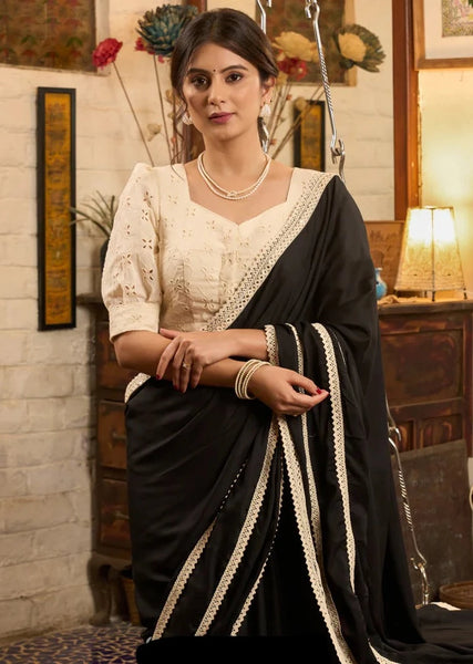 BLACK MODAL COTTON SAREE WITH CROCHET LACES