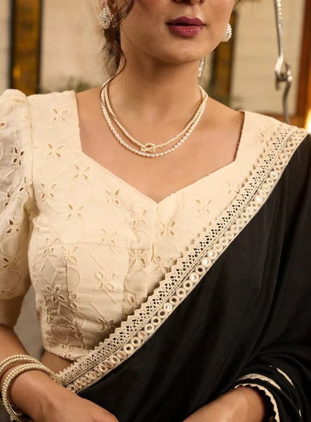 BLACK MODAL COTTON SAREE WITH CROCHET LACES