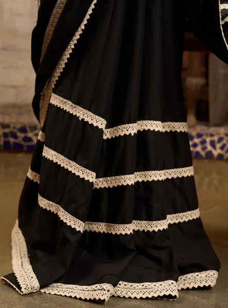 BLACK MODAL COTTON SAREE WITH CROCHET LACES