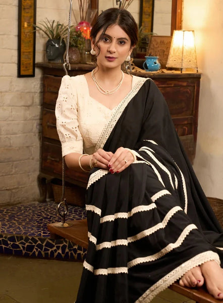 BLACK MODAL COTTON SAREE WITH CROCHET LACES