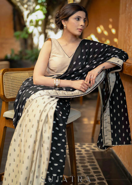 BLACK & BEIGE COMBINATION COTTON SILK SAREE