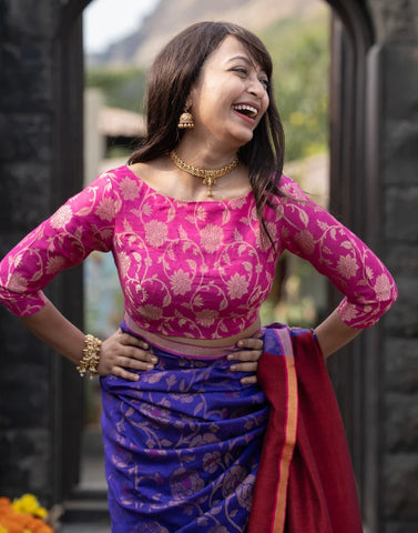 Readymade  Pink Boat-neck Blouse With Zari Florals