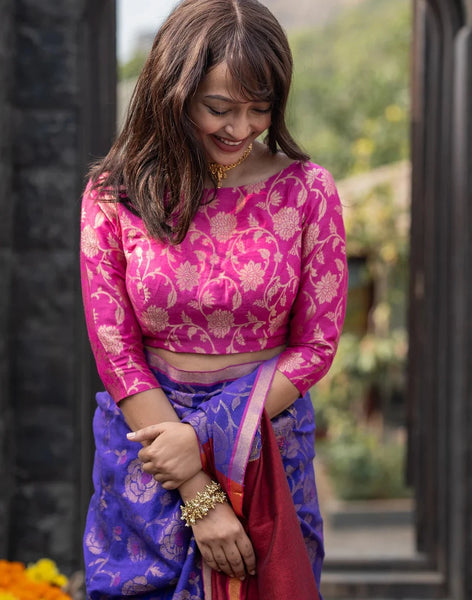 Readymade  Pink Boat-neck Blouse With Zari Florals
