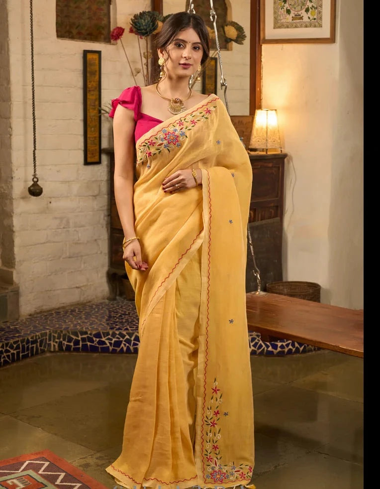 YELLOW COTTON SAREE WITH MULTICOLOR FLORAL EMBROIDERY