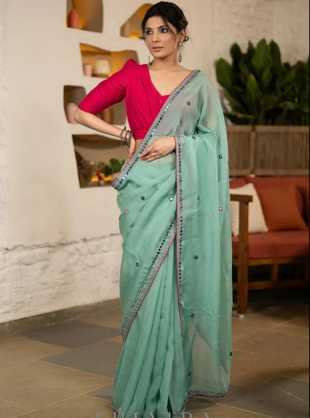 MINT GREEN ORGANZA SAREE with MIRROR EMBROIDERY