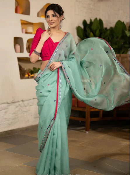 MINT GREEN ORGANZA SAREE with MIRROR EMBROIDERY