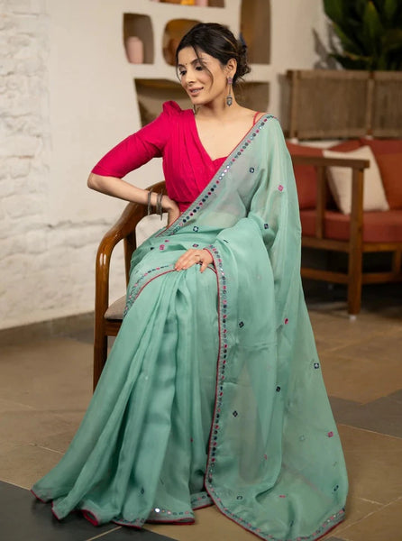 MINT GREEN ORGANZA SAREE with MIRROR EMBROIDERY