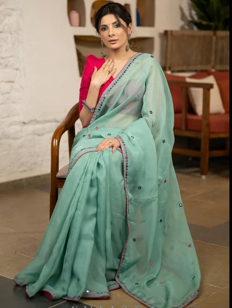 MINT GREEN ORGANZA SAREE with MIRROR EMBROIDERY