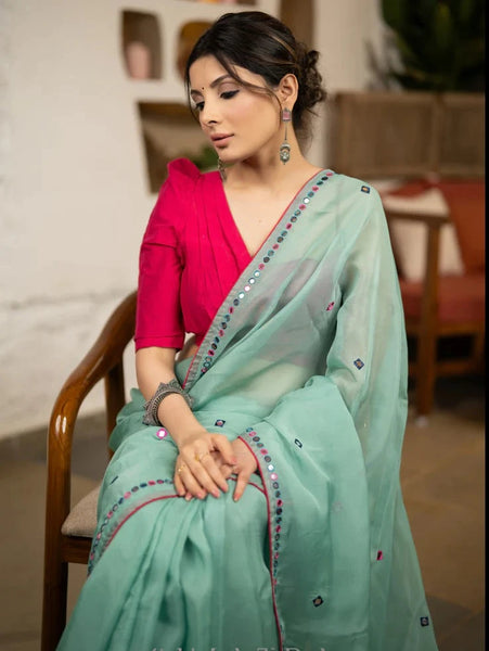 MINT GREEN ORGANZA SAREE with MIRROR EMBROIDERY