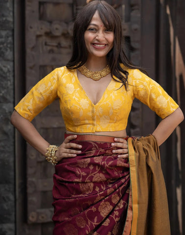 Readymade V-neck Yellow Brocade Blouse