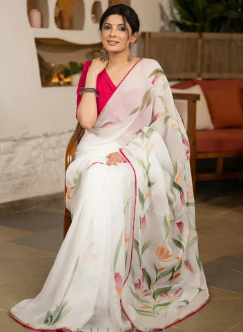 WHITE ORGANZA SAREE WITH FLORAL BRUSH PAINTING