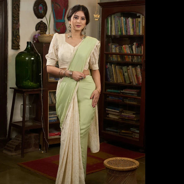 MINT GREEN MODAL COTTON SAREE  WITH HAKOBA AND CROCHET LACE