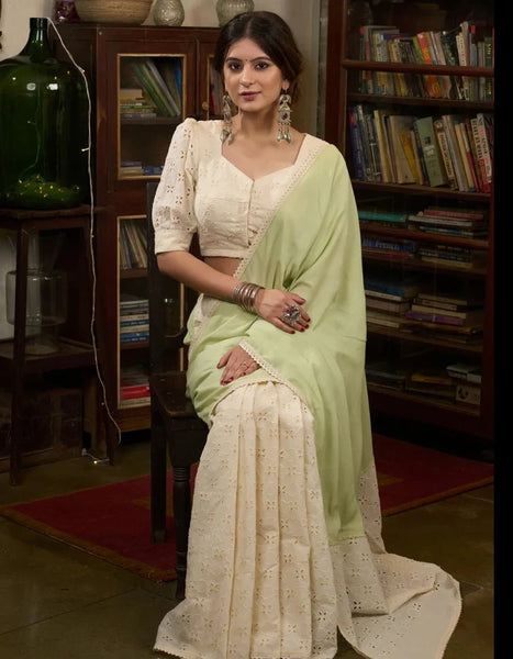 MINT GREEN MODAL COTTON SAREE  WITH HAKOBA AND CROCHET LACE