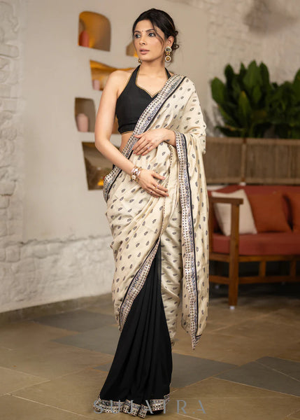 BEIGE COTTON SILK SAREE WITH BLACK GEORGETTE SILK SAREE