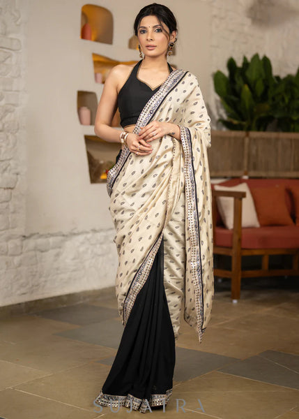 BEIGE COTTON SILK SAREE WITH BLACK GEORGETTE SILK SAREE