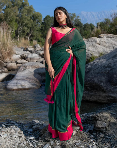 Soft Mul Cotton Green Saree With Tassels