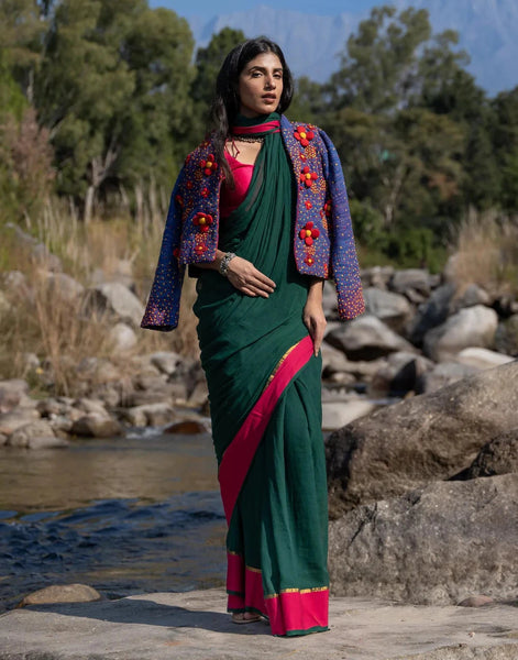 Soft Mul Cotton Green Saree With Tassels
