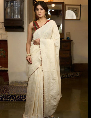 HAKOBA COTTON SAREE WITH EMBROIDERED DOTS AND SCALLOPS