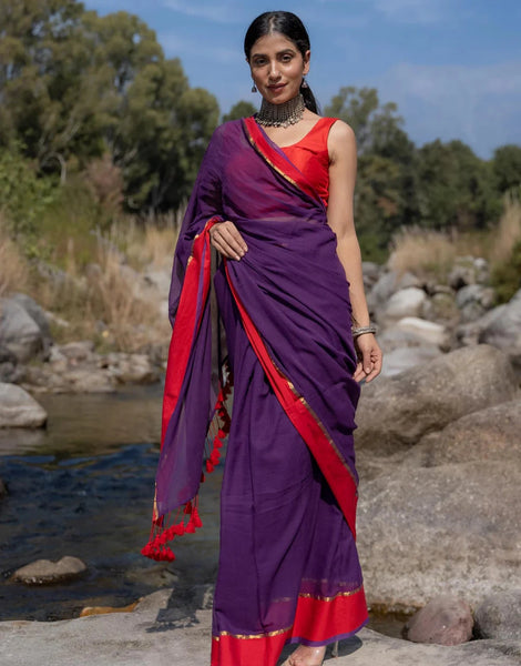 Soft Mul Cotton Purple Saree With Tassels