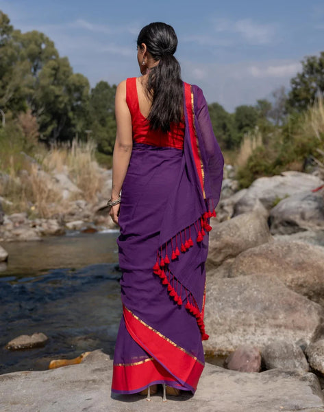 Soft Mul Cotton Purple Saree With Tassels