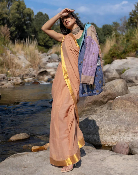 Soft Mul Cotton Beige Saree With Tassels