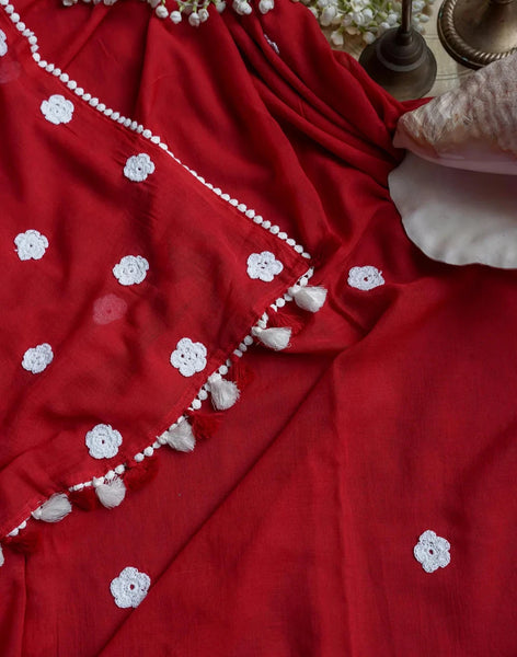 Red Mulmul Cotton Saree WIth Crochet Flowers