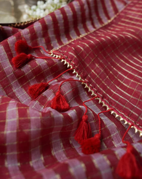Red Acrylic Cotton Golden Stripes Saree With Tassels