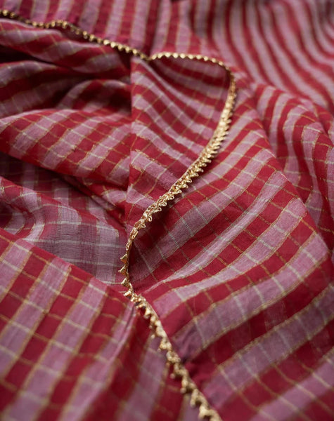 Red Acrylic Cotton Golden Stripes Saree With Tassels