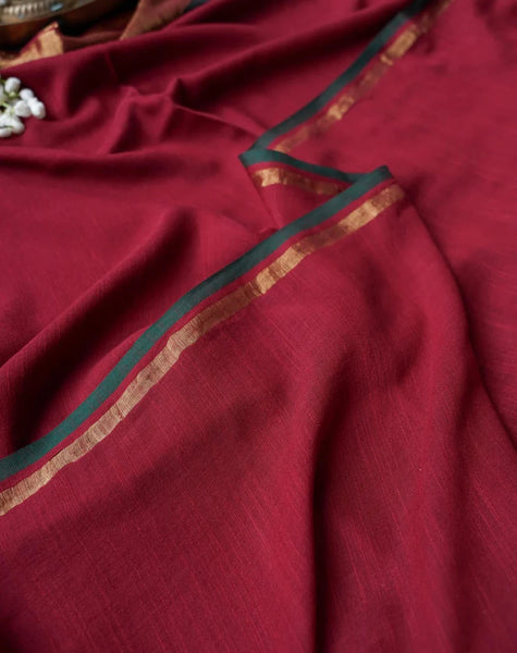 Maroon Slub Cotton Zari Border Saree With Tassels