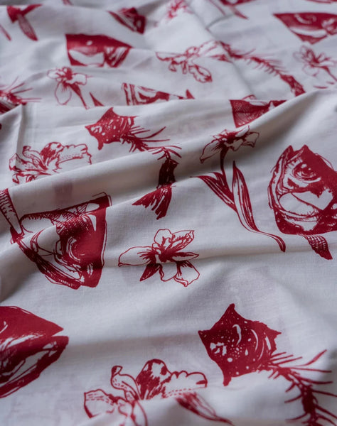 White Mulmul Cotton Printed Saree With Red Border
