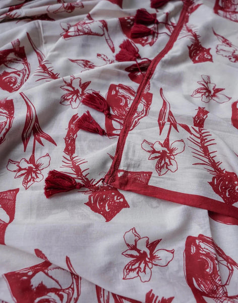 White Mulmul Cotton Printed Saree With Red Border