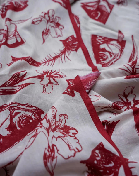 White Mulmul Cotton Printed Saree With Red Border