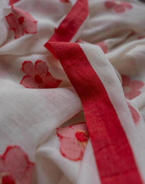 White And Red Mulmul Cotton Floral Design Saree With Tassels