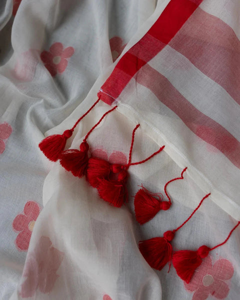 White And Red Mulmul Cotton Floral Design Saree With Tassels