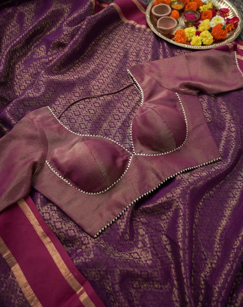 Readymade Magenta Viscose Zari Blouse With Dome Neck
