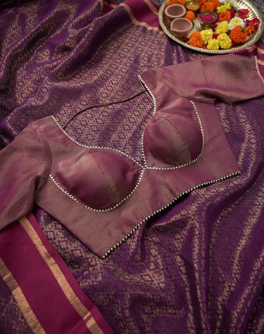 Readymade Magenta Viscose Zari Blouse With Dome Neck