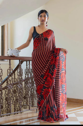 Red And Black Chiffon Georgette Floral Printed Saree With Sequins