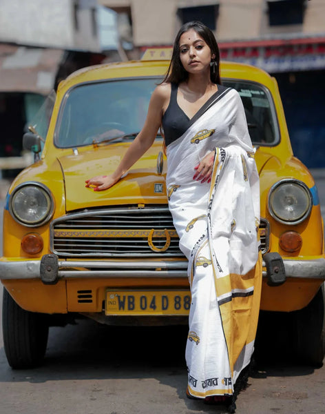 White Mulmul Cotton Printed Saree With Tassels