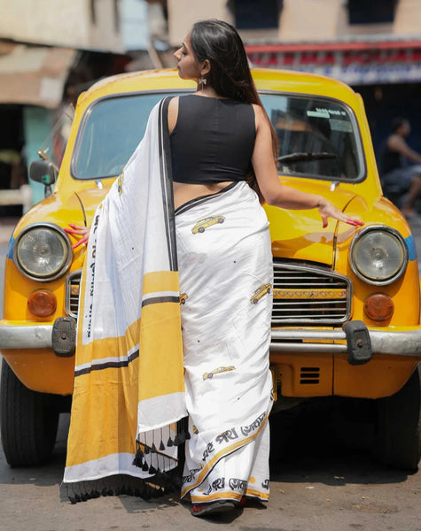 White Mulmul Cotton Printed Saree With Tassels