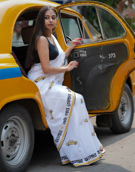 White Mulmul Cotton Printed Saree With Tassels