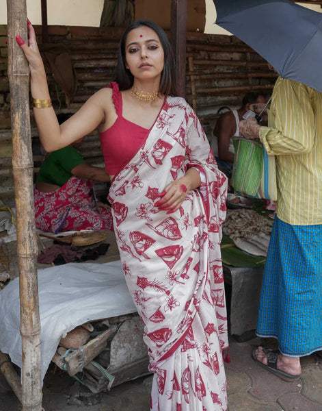 White Mulmul Cotton Printed Saree With Red Border