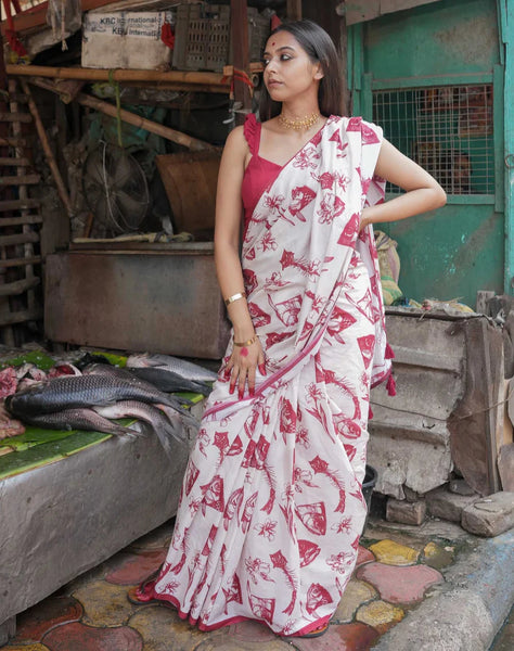White Mulmul Cotton Printed Saree With Red Border