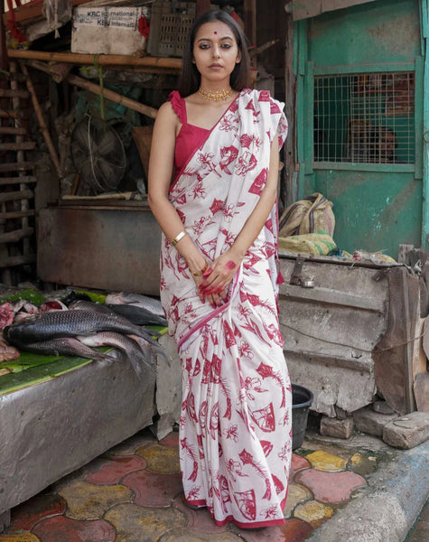 White Mulmul Cotton Printed Saree With Red Border