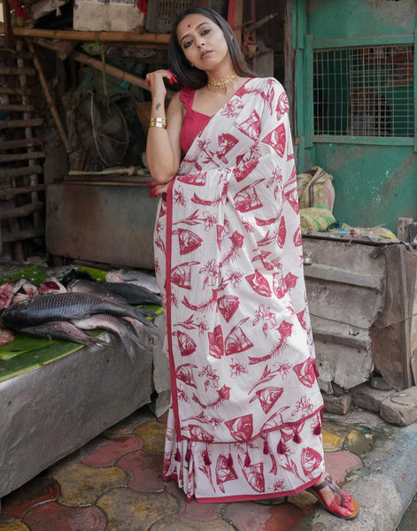 White Mulmul Cotton Printed Saree With Red Border