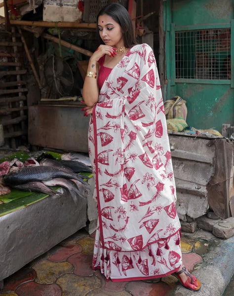 White Mulmul Cotton Printed Saree With Red Border