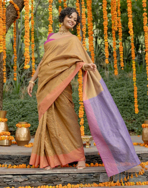 Beige Cotton Acrylic Saree With Running Zari Lines